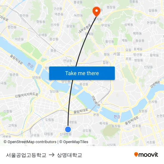 서울공업고등학교 to 상명대학교 map