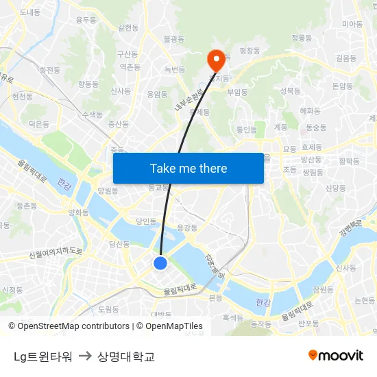 Lg트윈타워 to 상명대학교 map