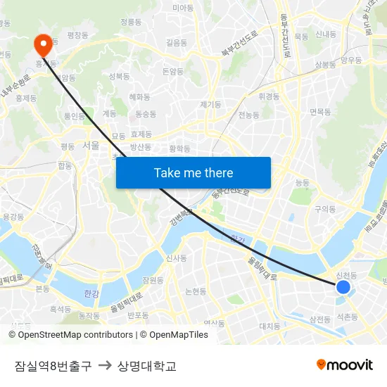 잠실역8번출구 to 상명대학교 map