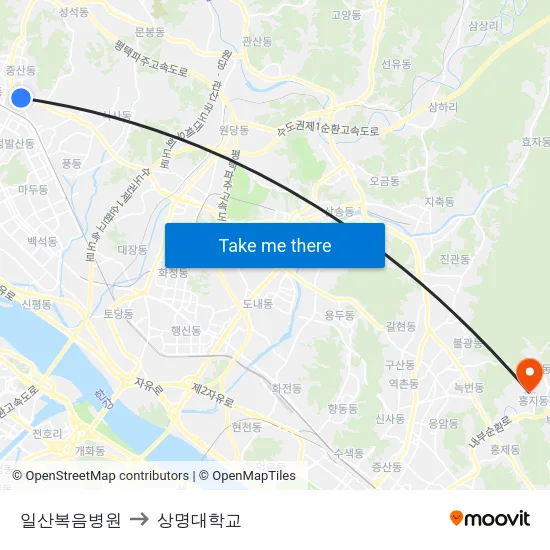일산복음병원 to 상명대학교 map