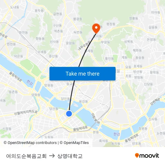 여의도순복음교회 to 상명대학교 map