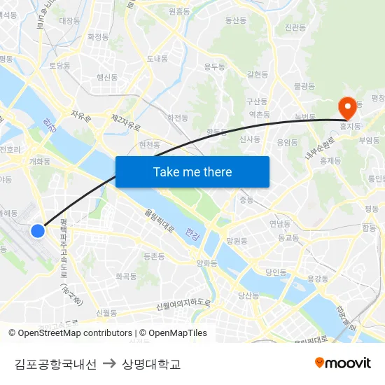 김포공항국내선 to 상명대학교 map