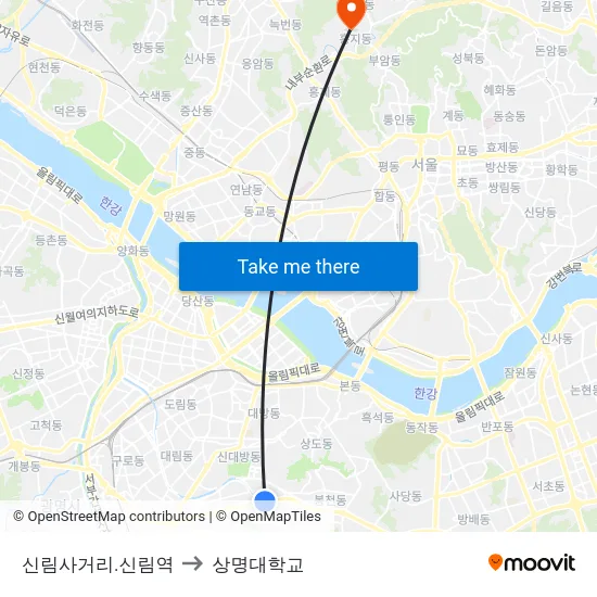 신림사거리.신림역 to 상명대학교 map