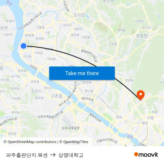파주출판단지.북센 to 상명대학교 map