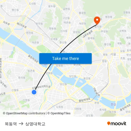 목동역 to 상명대학교 map