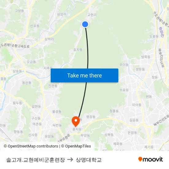솔고개.교현예비군훈련장 to 상명대학교 map
