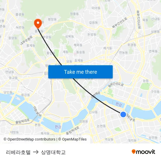 리베라호텔 to 상명대학교 map