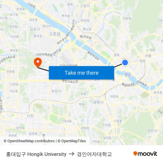 홍대입구 Hongik University to 경인여자대학교 map