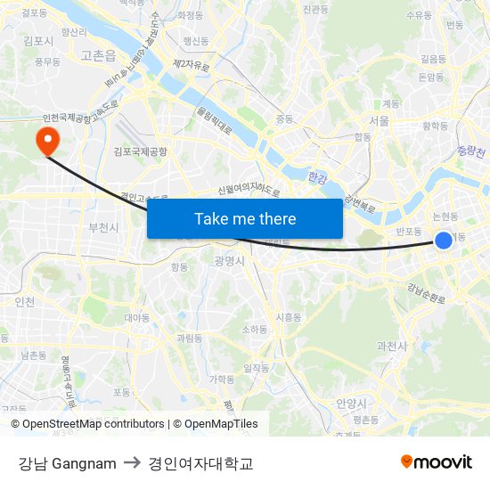 강남 Gangnam to 경인여자대학교 map