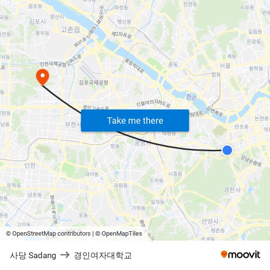 사당 Sadang to 경인여자대학교 map