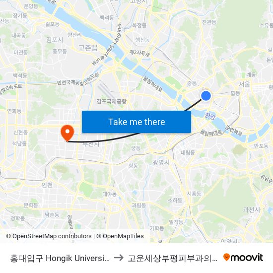 홍대입구 Hongik University to 고운세상부평피부과의원 map