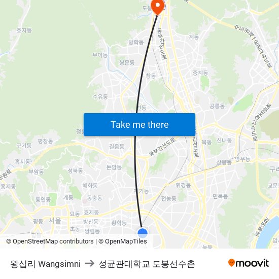 왕십리 Wangsimni to 성균관대학교 도봉선수촌 map