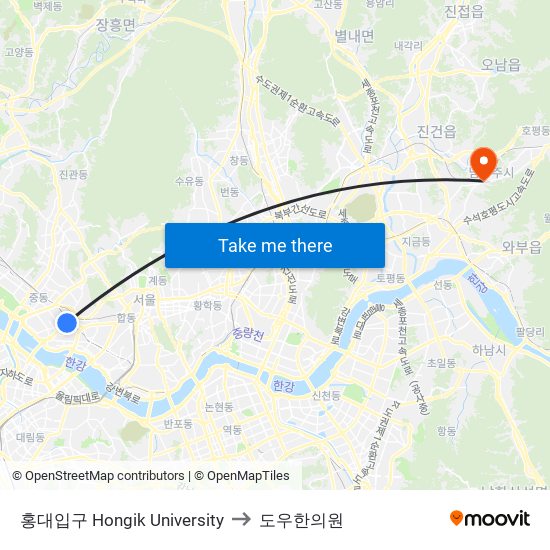 홍대입구 Hongik University to 도우한의원 map