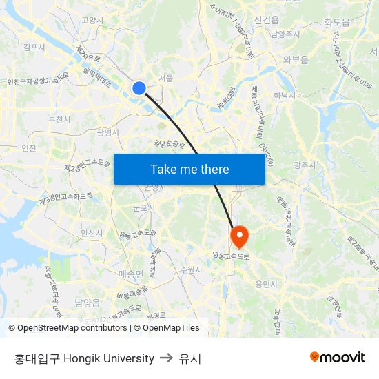 홍대입구 Hongik University to 유시 map