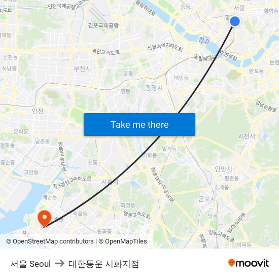 서울 Seoul to 대한통운 시화지점 map