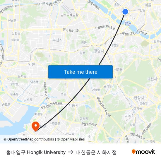 홍대입구 Hongik University to 대한통운 시화지점 map