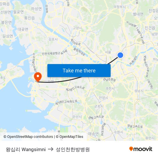 왕십리 Wangsimni to 성인천한방병원 map