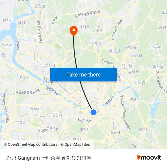 강남 Gangnam to 송추효자요양병원 map