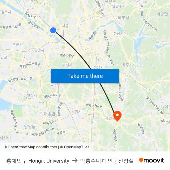 홍대입구 Hongik University to 박홍수내과 인공신장실 map