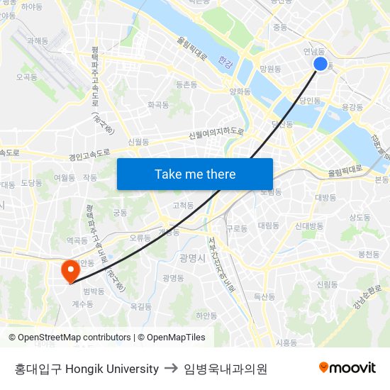 홍대입구 Hongik University to 임병욱내과의원 map