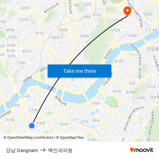 강남 Gangnam to 백안과의원 map