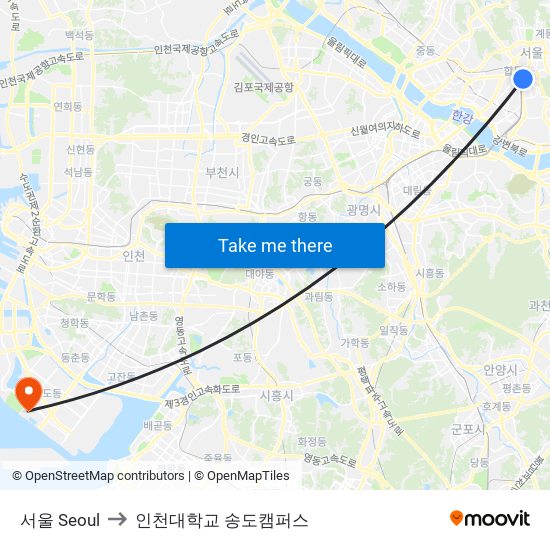 서울 Seoul to 인천대학교 송도캠퍼스 map