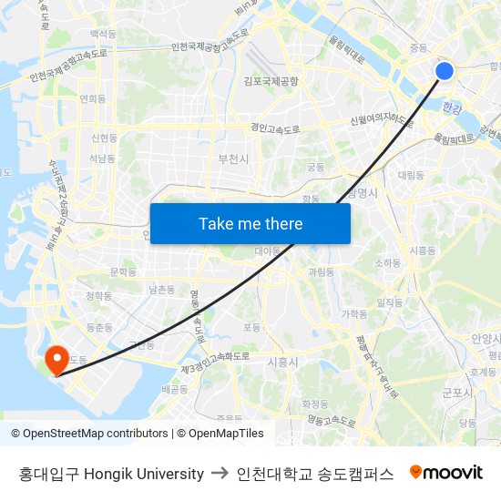 홍대입구 Hongik University to 인천대학교 송도캠퍼스 map