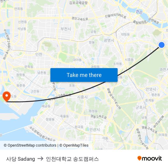 사당 Sadang to 인천대학교 송도캠퍼스 map