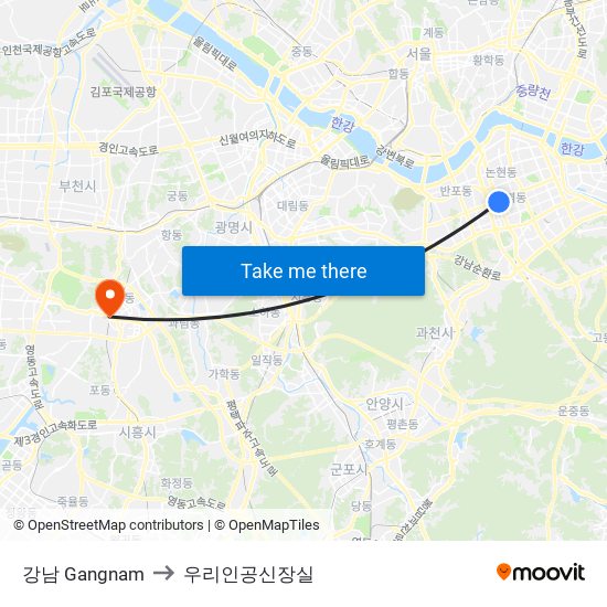 강남 Gangnam to 우리인공신장실 map