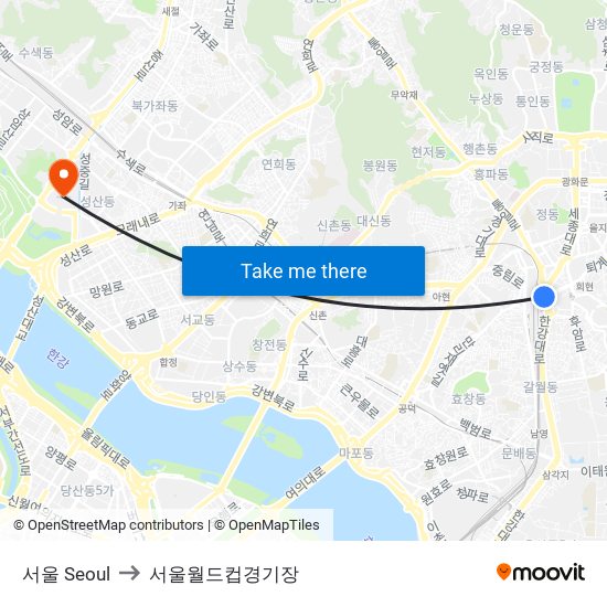 서울 Seoul to 서울월드컵경기장 map