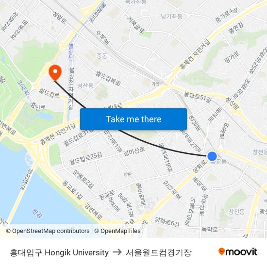 홍대입구 Hongik University to 서울월드컵경기장 map