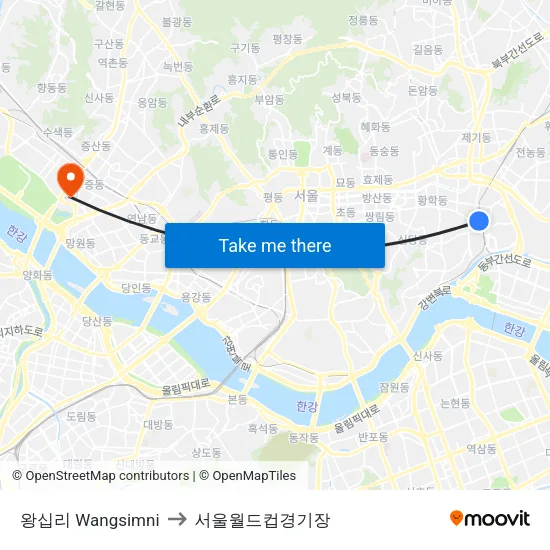 왕십리 Wangsimni to 서울월드컵경기장 map