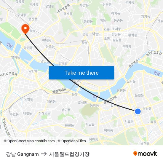 강남 Gangnam to 서울월드컵경기장 map