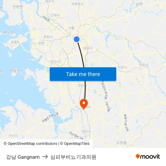 강남 Gangnam to 심피부비뇨기과의원 map