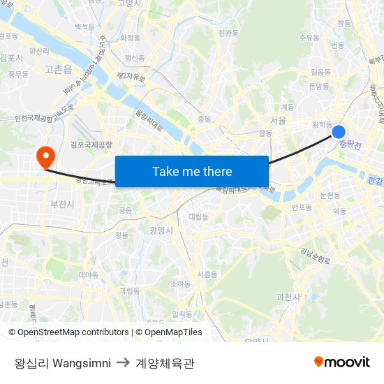 왕십리 Wangsimni to 계양체육관 map