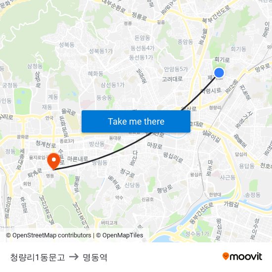 청량리1동문고 to 명동역 map