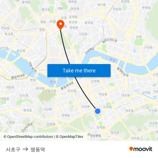 서초구 (Seocho-Gu) to 명동역 map