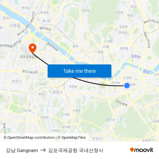 강남 Gangnam to 김포국제공항 국내선청사 map