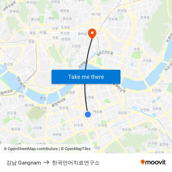 강남 Gangnam to 한국언어치료연구소 map