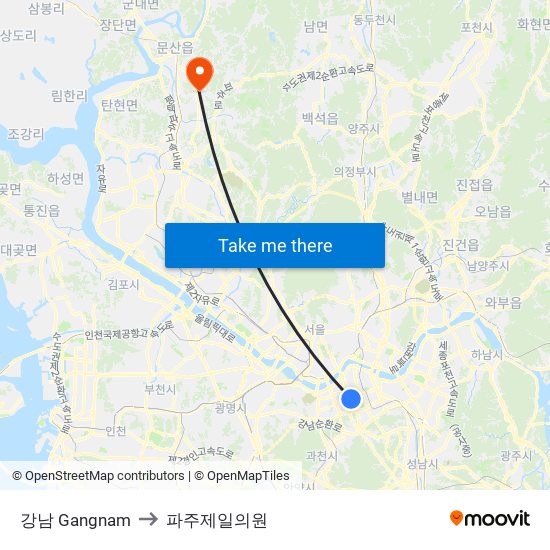 강남 Gangnam to 파주제일의원 map