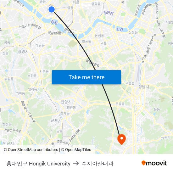 홍대입구 Hongik University to 수지아산내과 map
