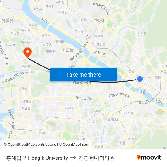 홍대입구 Hongik University to 김경현내과의원 map