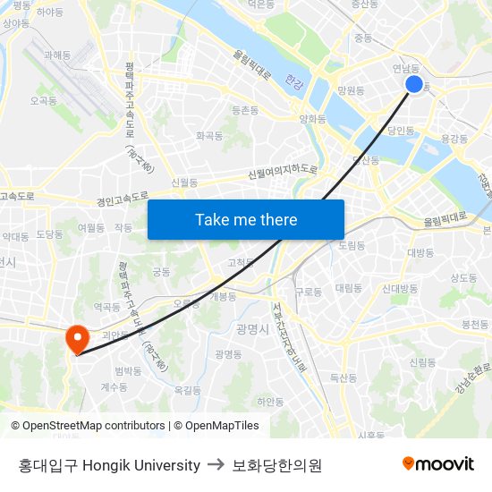 홍대입구 Hongik University to 보화당한의원 map