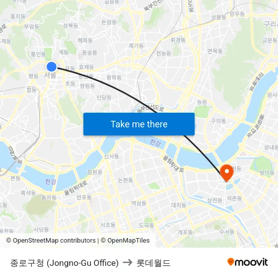 종로구청 (Jongno-Gu Office) to 롯데월드 map