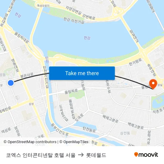 코엑스 인터콘티넨탈 호텔 서울 to 롯데월드 map