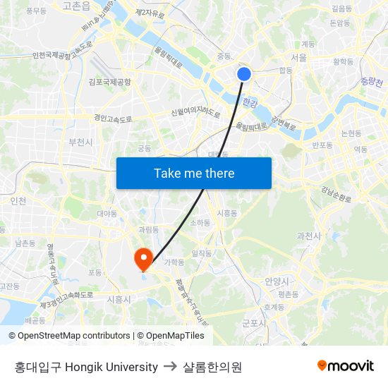 홍대입구 Hongik University to 샬롬한의원 map