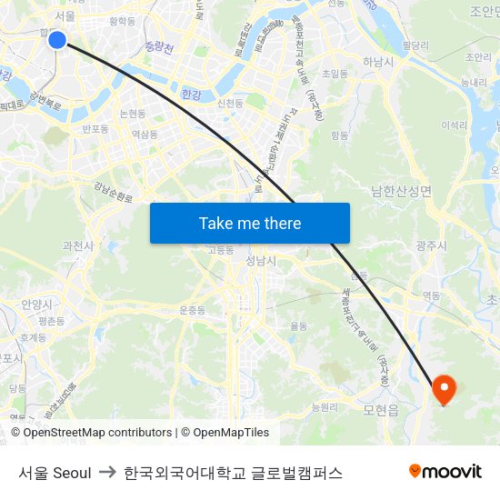 서울 Seoul to 한국외국어대학교 글로벌캠퍼스 map