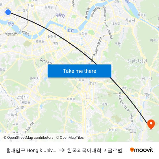 홍대입구 Hongik University to 한국외국어대학교 글로벌캠퍼스 map