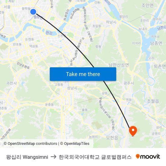 왕십리 Wangsimni to 한국외국어대학교 글로벌캠퍼스 map
