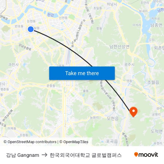 강남 Gangnam to 한국외국어대학교 글로벌캠퍼스 map